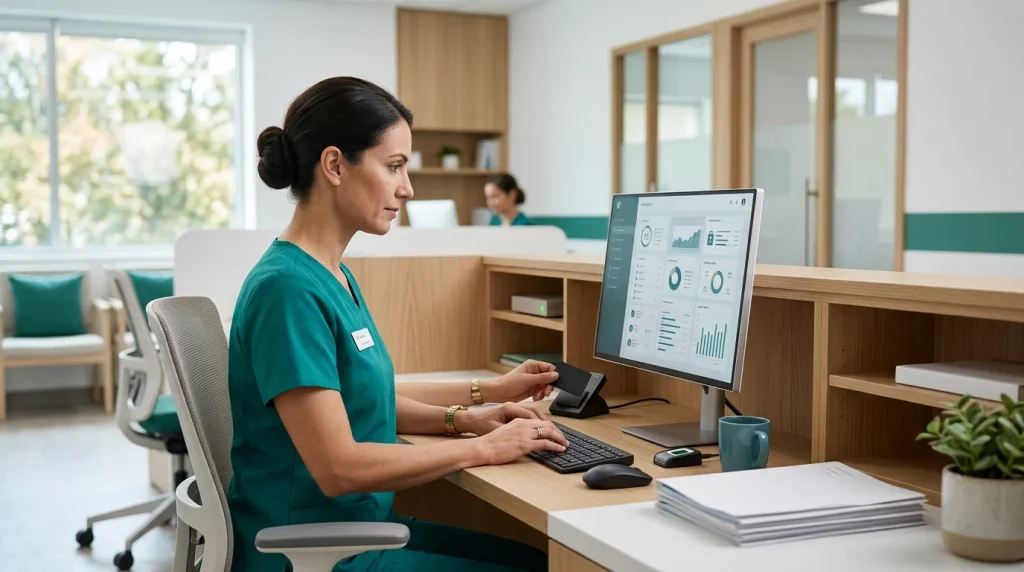 Melhores Sistemas de Prontuário Eletrônico: Profissional da saúde em ambiente de clínica usando um computador com sistema de prontuário eletrônico para gerenciar informações, com telas de dados e indicadores.
