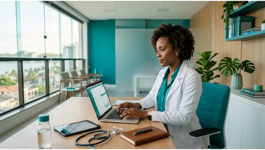 memed o que é: Médica trabalhando em um escritório moderno, digitando em notebook com prontuário na tela, enquanto revisa documentos e mantém celular sobre a mesa
