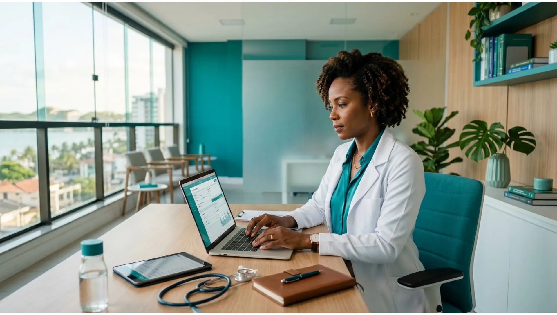memed o que é: Médica trabalhando em um escritório moderno, digitando em notebook com prontuário na tela, enquanto revisa documentos e mantém celular sobre a mesa