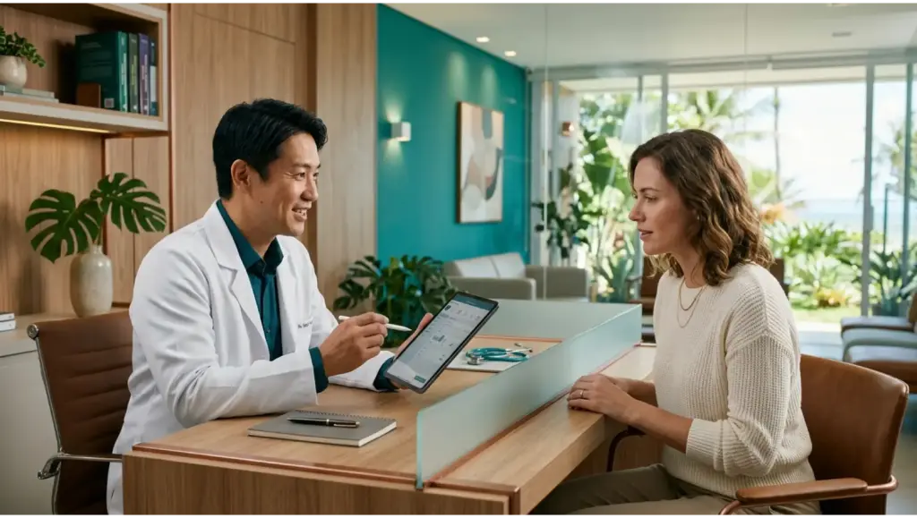 memed o que é: médico e paciente conversam em uma sala clínica moderna, ambos analisando informações em um tablet sobre a mesa durante a consulta.