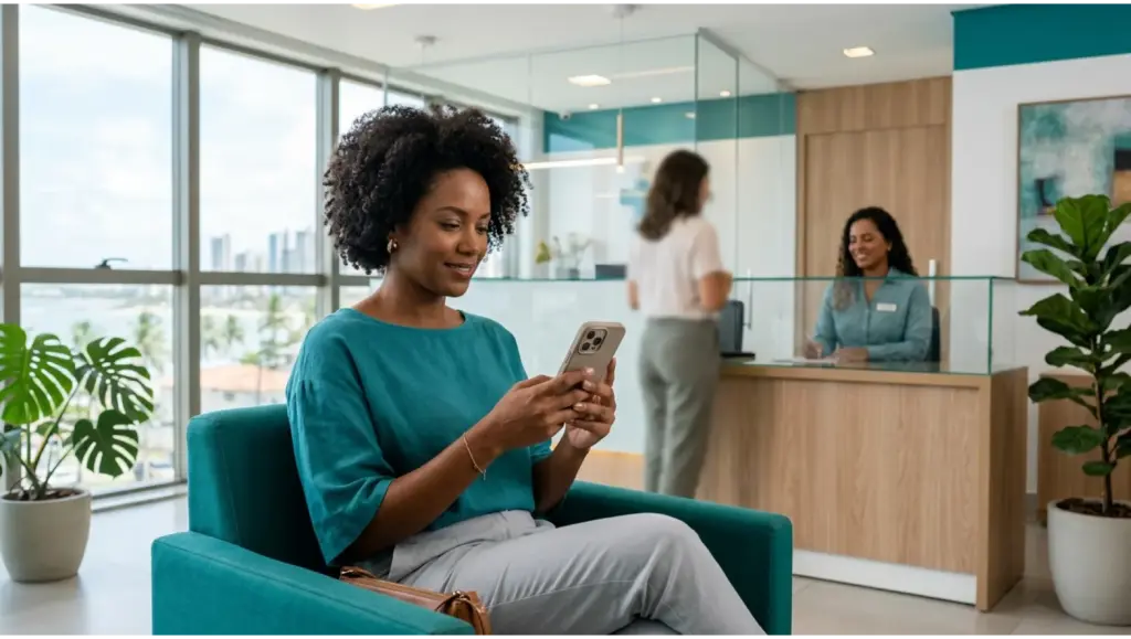 memed o que é: mulher afrodescendente sentada em poltrona verde em um escritório moderno, usando celular enquanto sorri, com recepção ao fundo
