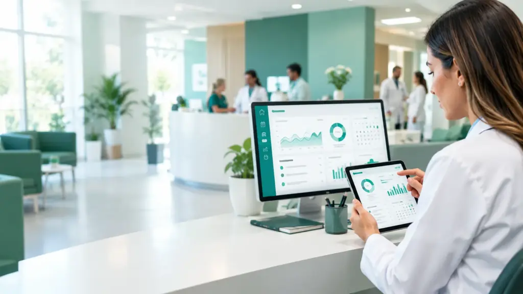 QuarkClinic vs Clínica nas Nuvens: Médica em uma clínica moderna usando tablets e telas com gráficos de dados clínicos em um ambiente com recepção e equipe ao fundo.