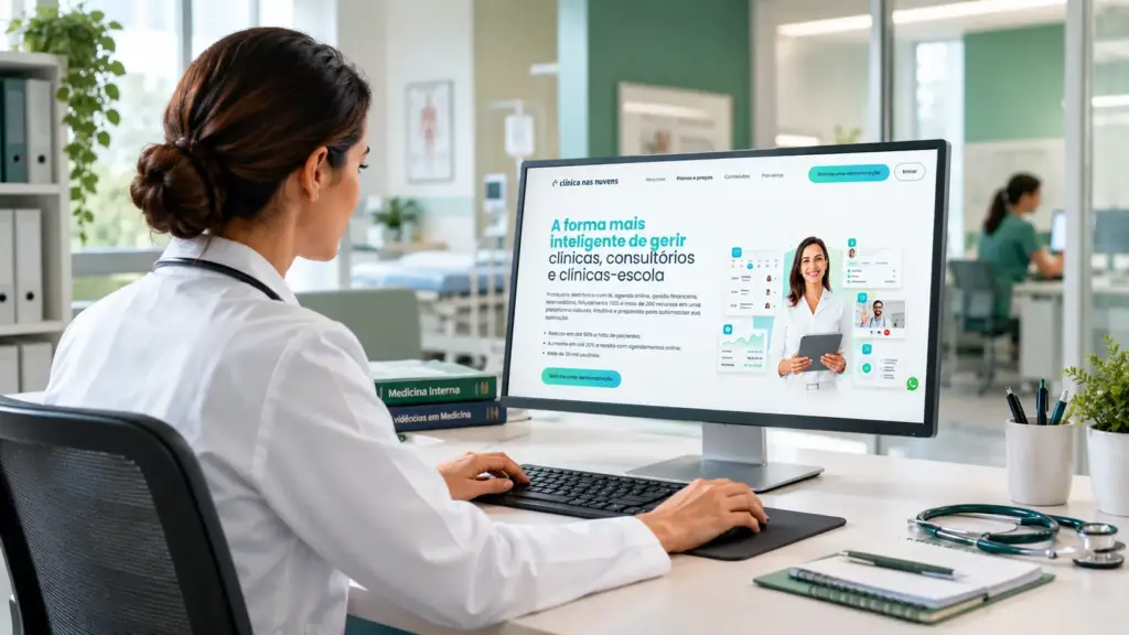 QuarkClinic vs Clínica nas Nuvens: Médica em consultório moderno usando computador com site da Clínica nas Nuvens, enquanto revisa informações em tela sobre medicina e serviços de saúde