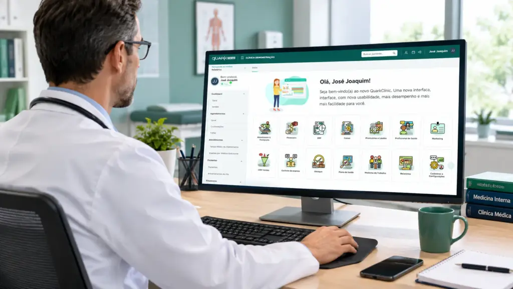 QuarkClinic vs Clínica nas Nuvens: Médica em consultório moderno usando computador com site da Clínica nas Nuvens, enquanto revisa informações em tela sobre medicina e serviços de saúde