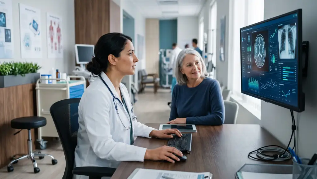 sarcopenia: Profissional de saúde em consultório com paciente idosa, analisando dados em um monitor com imagens médicas e prontuário em computador, cenário de avaliação clínica.
