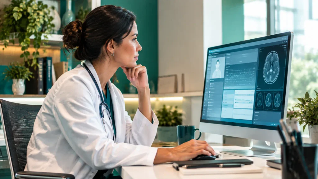 5 ferramentas de IA: Médica em consultório analisando exames em um monitor de computador com imagens médicas na tela, enquanto trabalha sentada à mesa com teclado e celular ao lado.