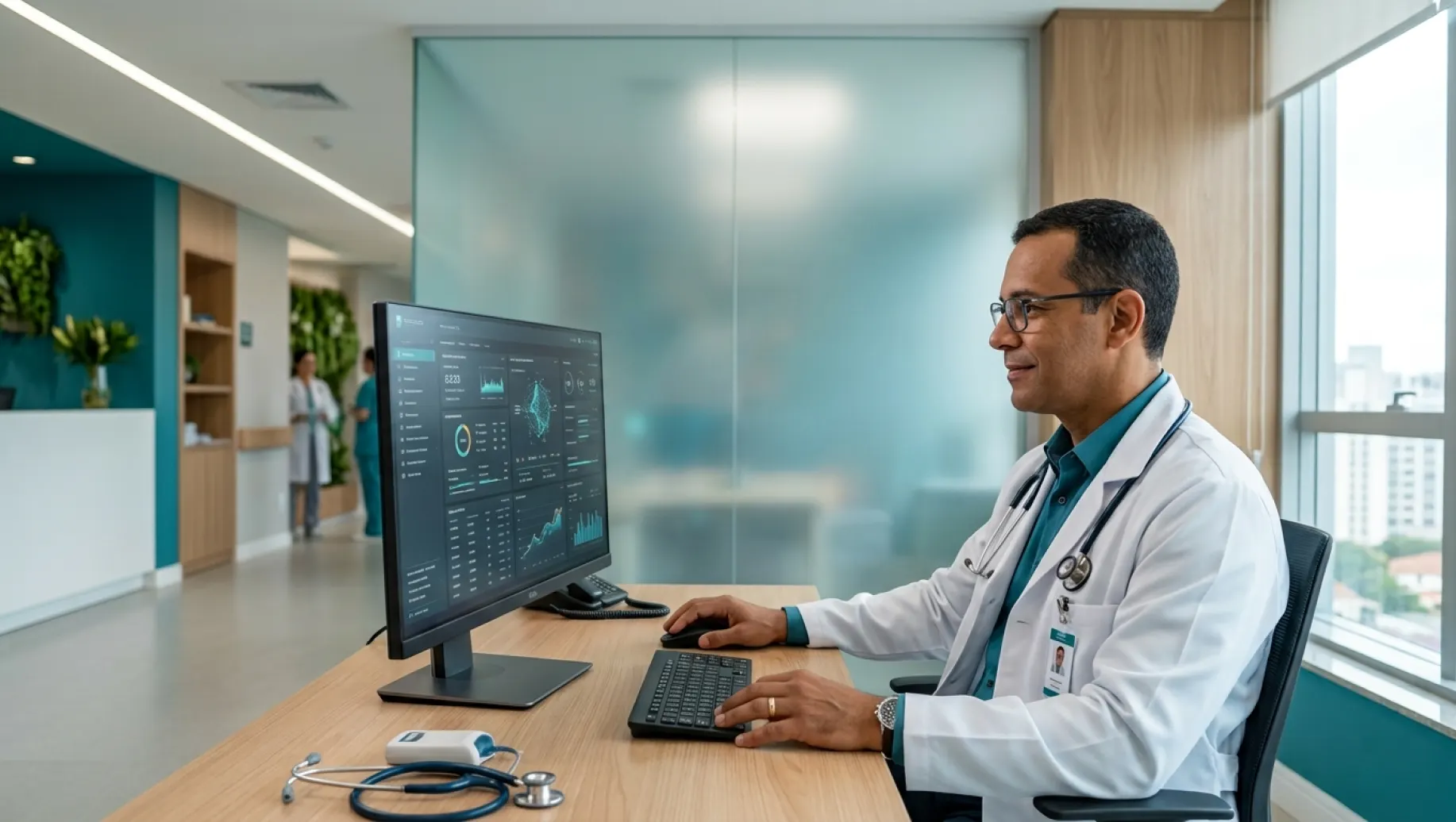 5 ferramentas de IA: Médico em clínica usando computador com software na tela, ao lado de estetoscópio e equipamentos sobre a mesa, ambiente corporativo com janelas e equipe ao fundo.