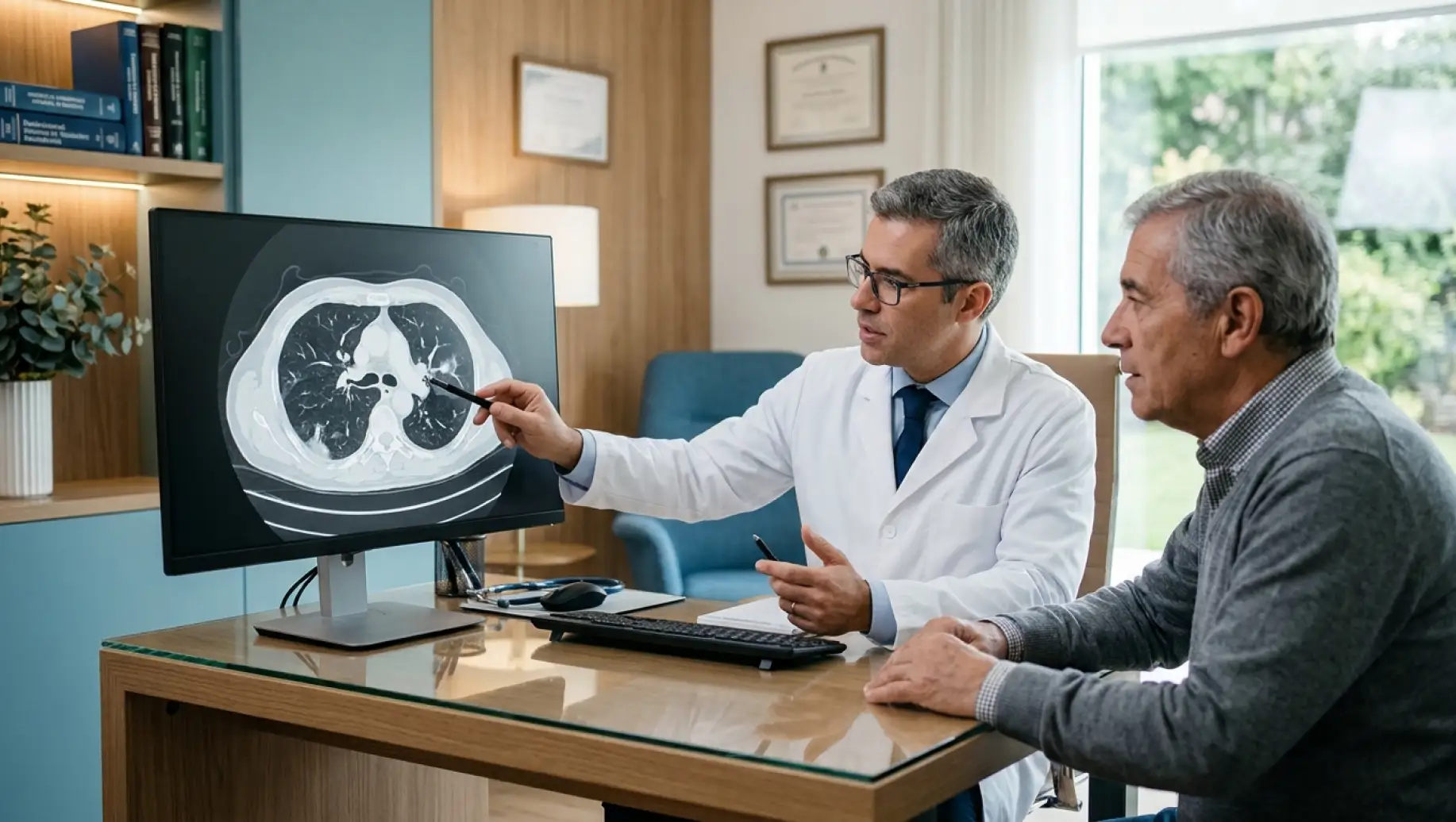 câncer de pulmão: Médico em consultório observa um exame de tomografia do tórax em um monitor com imagem de pulmões enquanto conversa com um paciente, em atendimento clínico