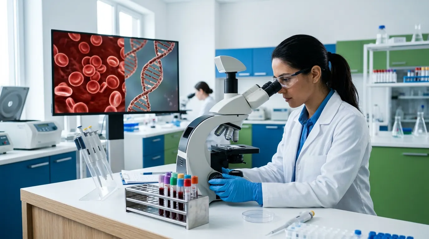 Hemoglobina fetal: Pesquisadora em laboratório de biologia usando microscópio e analisando imagens de células e DNA em uma tela, com foco em câncer de pulmão.