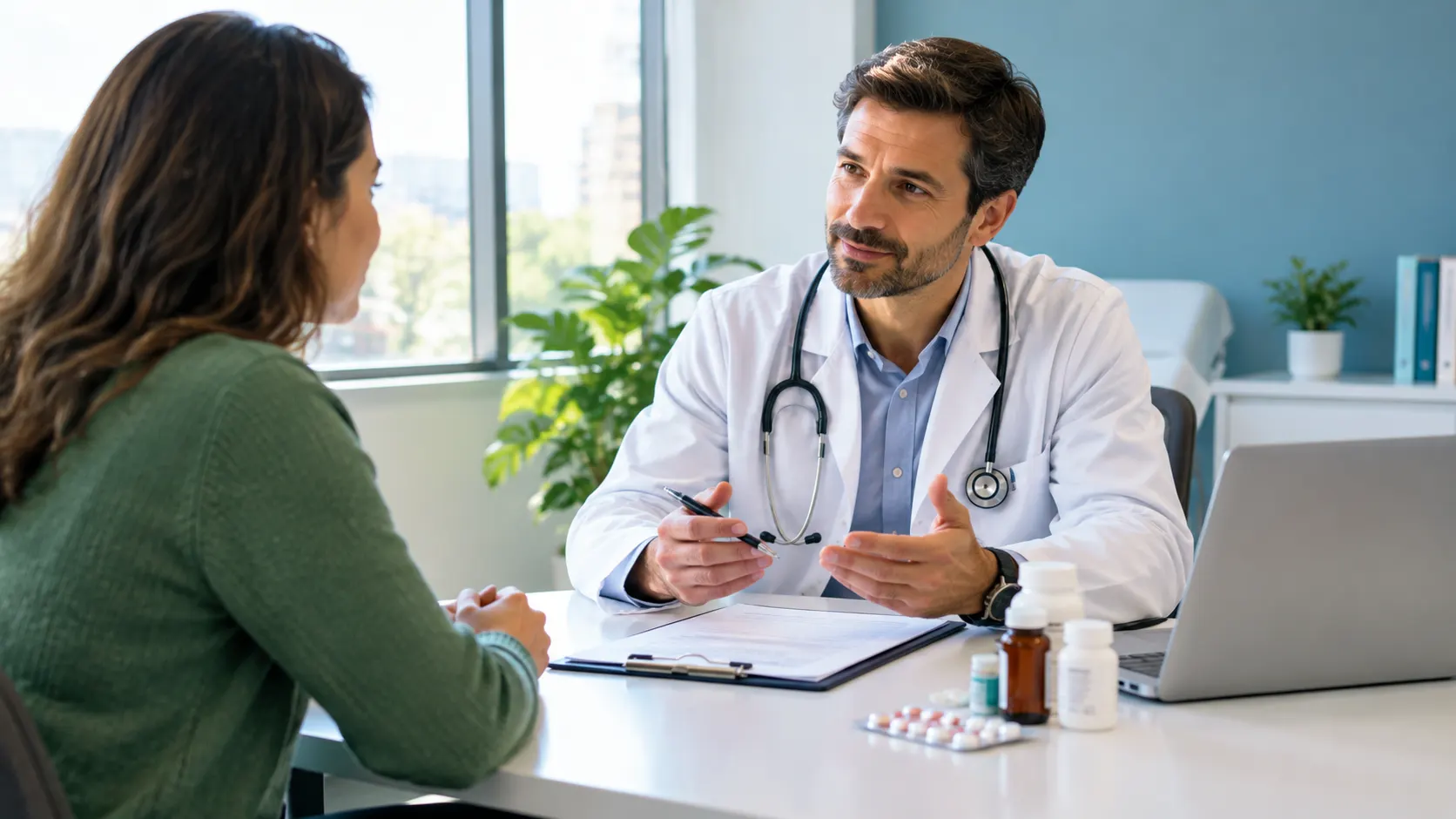 cannabis na medicina: Médico em consultório conversa com paciente em atendimento clínico, com estetoscópio e prontuário sobre a mesa, ao fundo vasos e ambiente profissional
