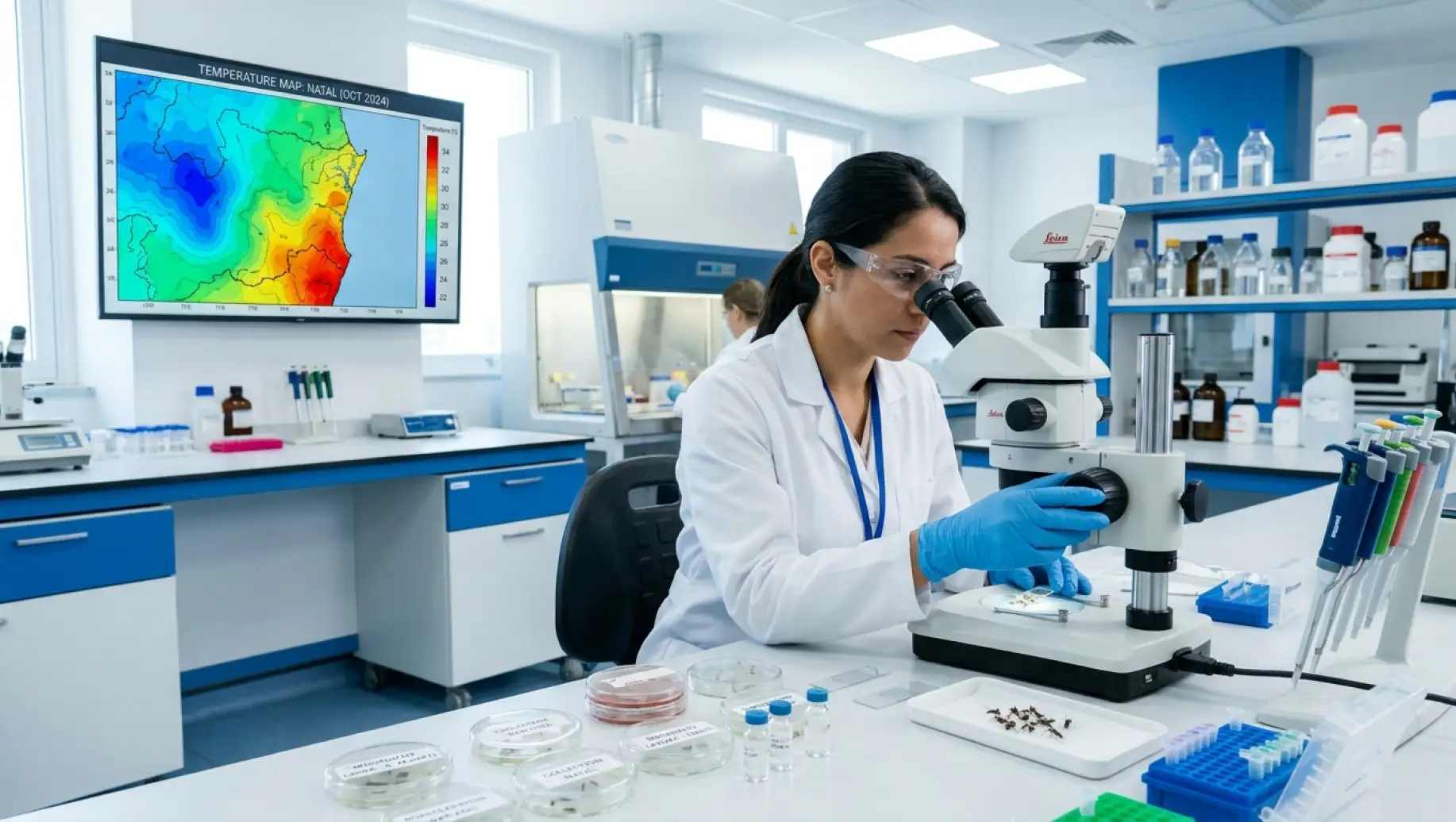 Cientista em laboratório analisa amostras com microscópio enquanto um monitor exibe mapa de temperatura do malha, em contexto de Mudanças climáticas