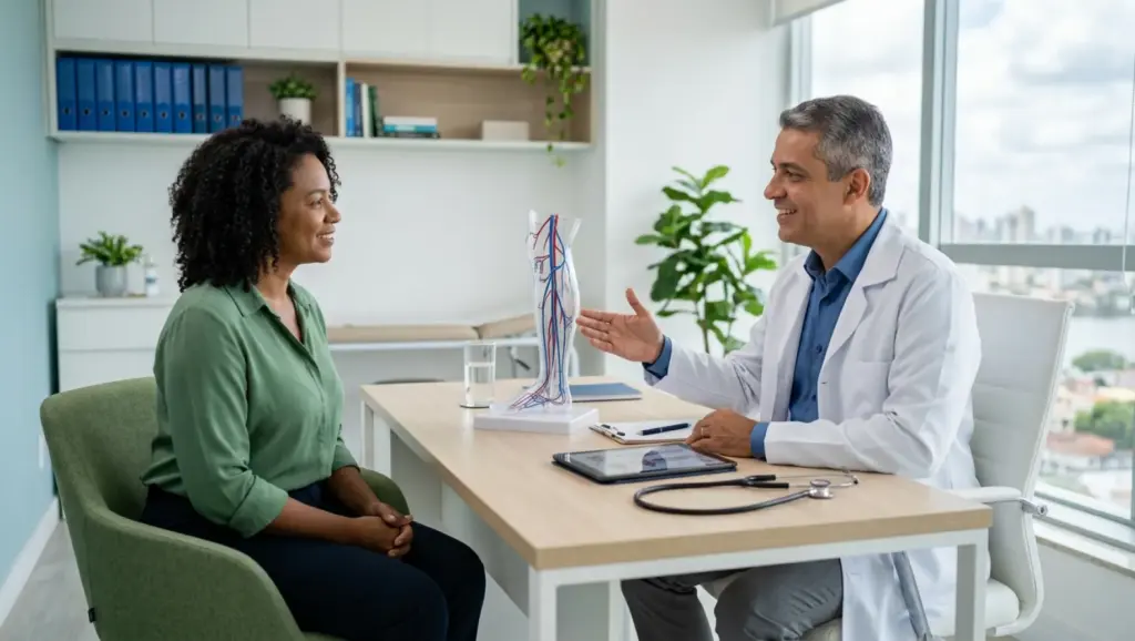 Obesidade: Consulta médica em consultório: paciente sentada em uma cadeira enquanto um médico explica um modelo anatômico do corpo com estetóscopio e prancheta sobre a mesa, clima acolhedor