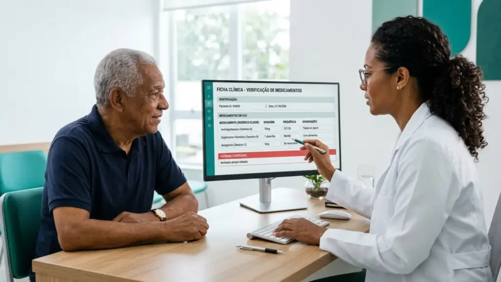 Médica conversa com paciente em consultório enquanto aponta para uma tela com a Ficha de anamnese e informações de medicamentos, durante verificação clínica.