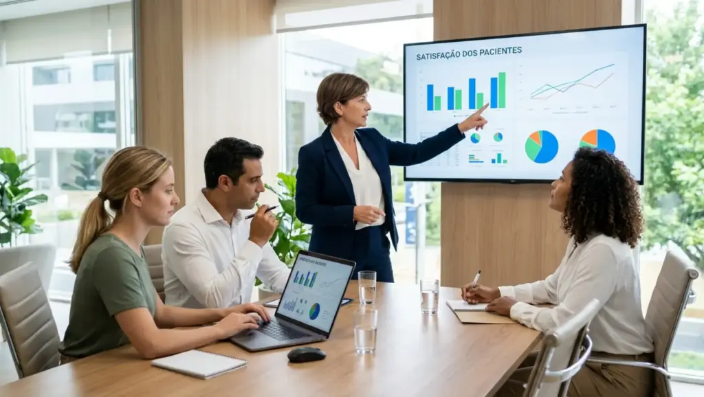 Equipe reunida em sala de reunião analisa gráficos em um monitor com o título “Satisfação dos pacientes”, sugerindo uso de NPS para clínicas para medir a percepção dos clientes.