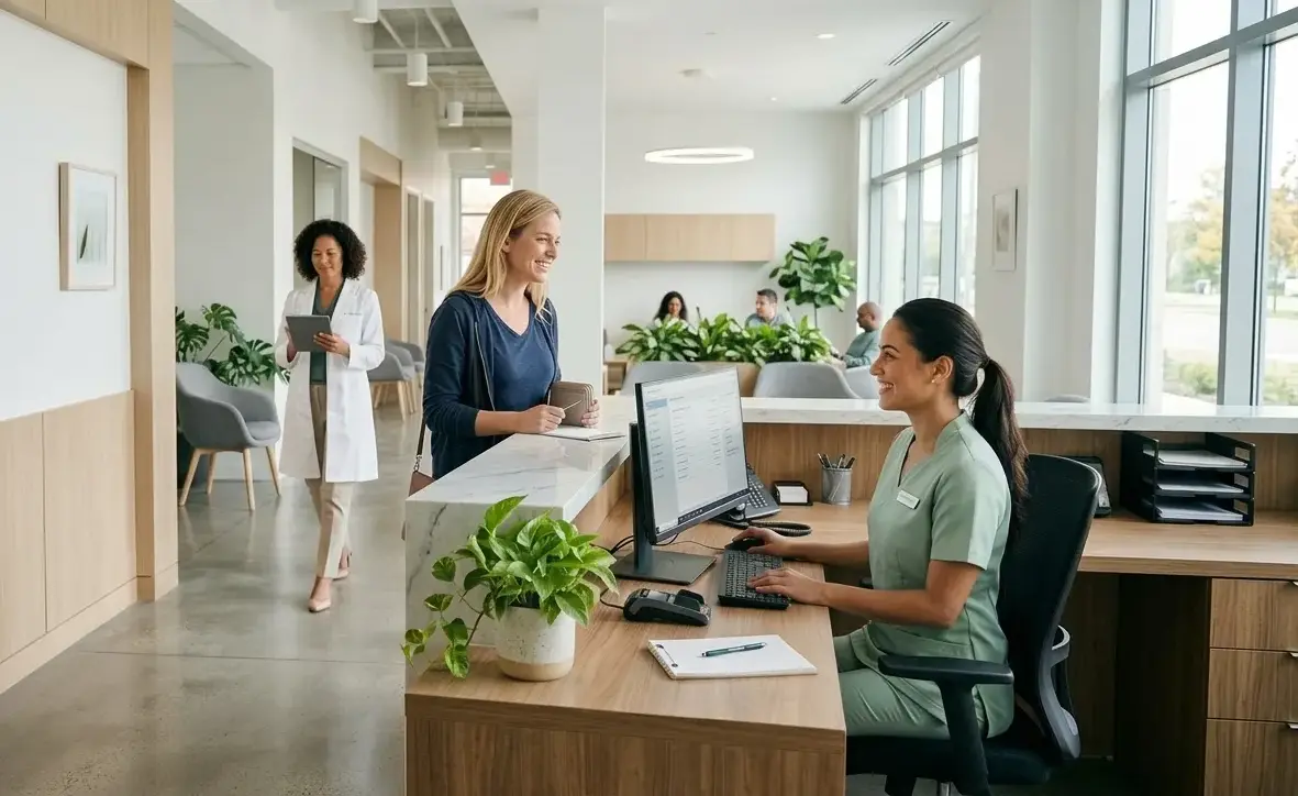 Equipe em escritório moderno: profissionais trabalhando em mesas com computadores, uma médica de jaleco e uma mulher apresentando documentos em sala com plantas e luz natural.