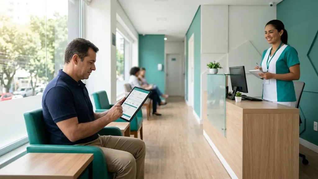 Ficha de anamnese sendo preenchida em tablet em uma recepção de clínica, com profissional de saúde e paciente sentados em cadeiras verdes, em ambiente moderno.