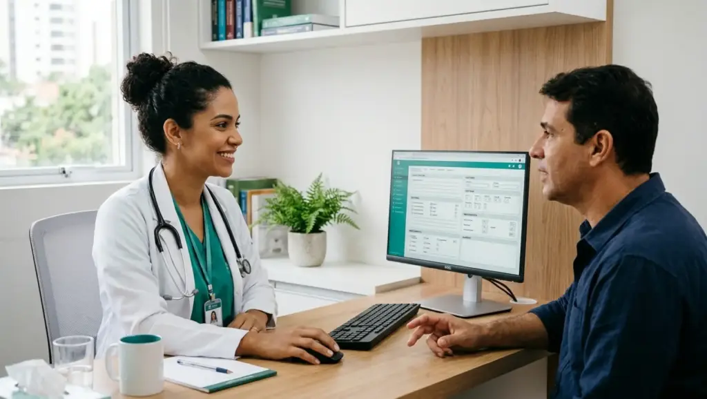 Ficha de anamnese: Médica em consultório sorrindo durante atendimento, preenchendo informações em computador com o paciente em frente à mesa; ambiente clínico com prancheta e caneta.