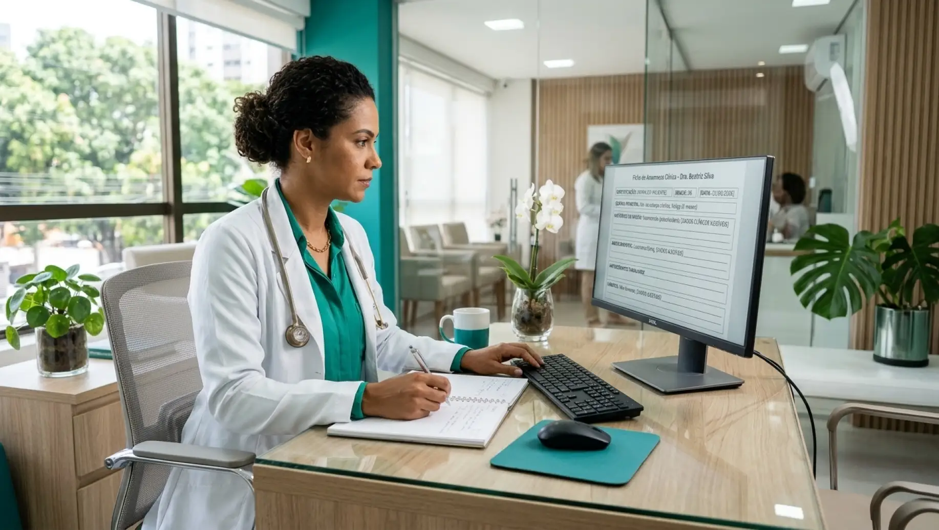Médica em consultório com jaleco e estetoscópio, preenchendo uma Ficha de anamnese no formulário sobre a mesa enquanto usa um computador em ambiente clínico.