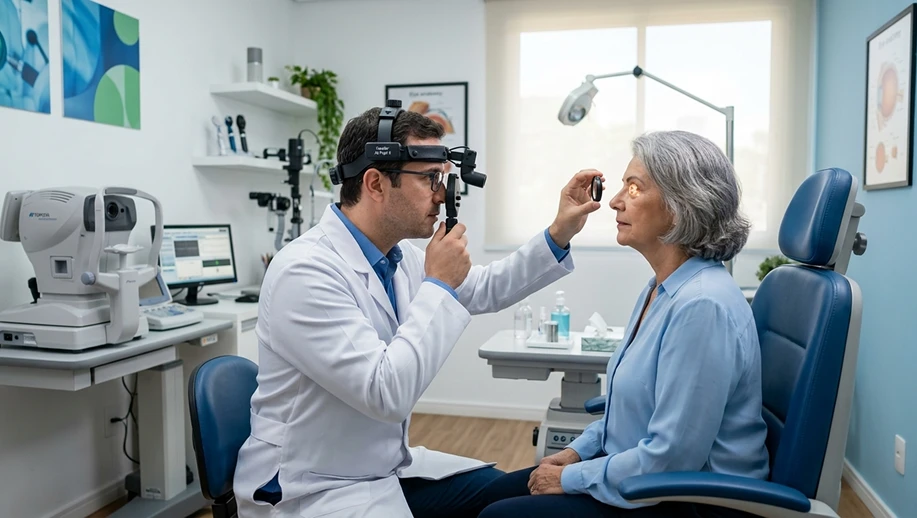 Médico examinando uma paciente em clínica de oftalmologia com equipamento de diagnóstico e visão assistida, cenário voltado para cuidados oftalmológicos e avaliação profissional; anvisa