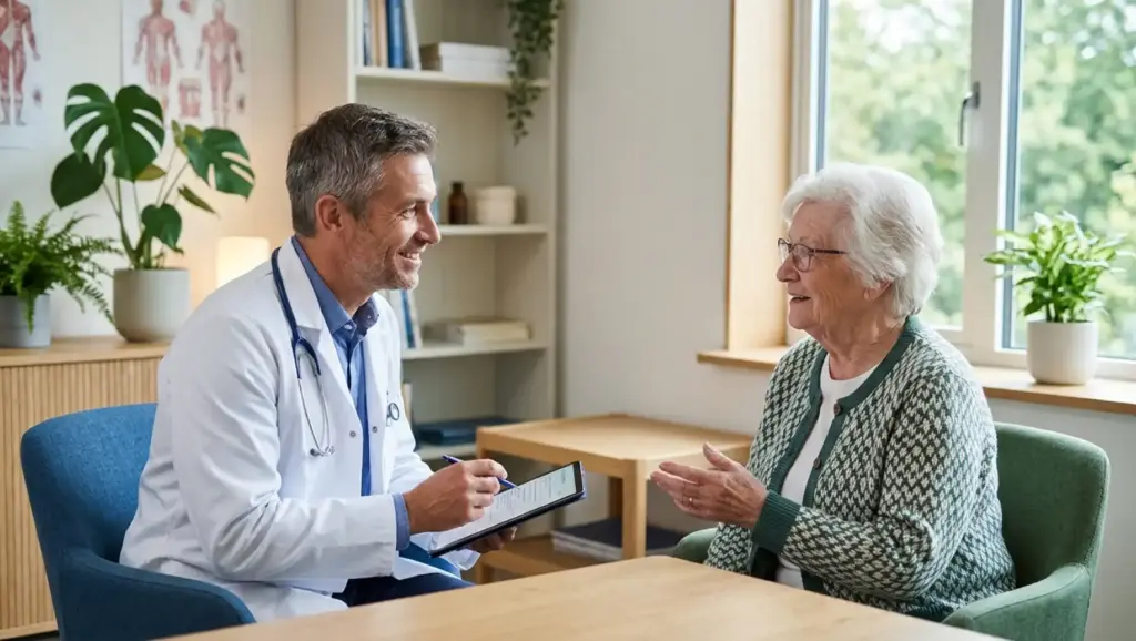 NPS para clínicas: Médico conversando com paciente idosa em uma clínica, entregando um documento durante a consulta, em ambiente acolhedor com plantas e janelas ao fundo.