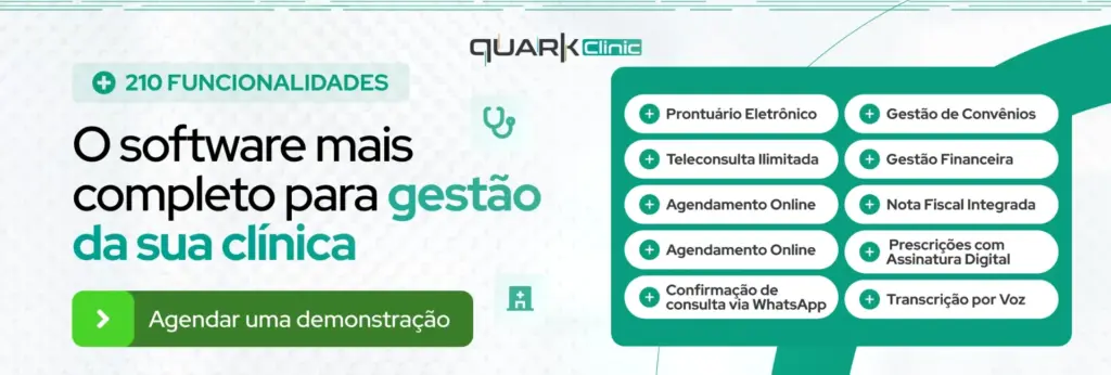 QuarkClinic vs Feegow: Banner publicitário do QuarkClinic com destaque para funcionalidades do software de gestão de clínica, incluindo prontuário eletrônico, teleconsultoria e agendamento online.