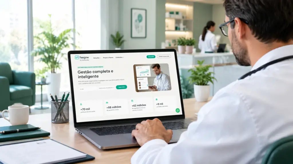 QuarkClinic vs Feegow: Médico usando computador em ambiente de clínica, visualizando plataforma com branding “Feegow” em tela; interface mostra dados e gestão inteligente.