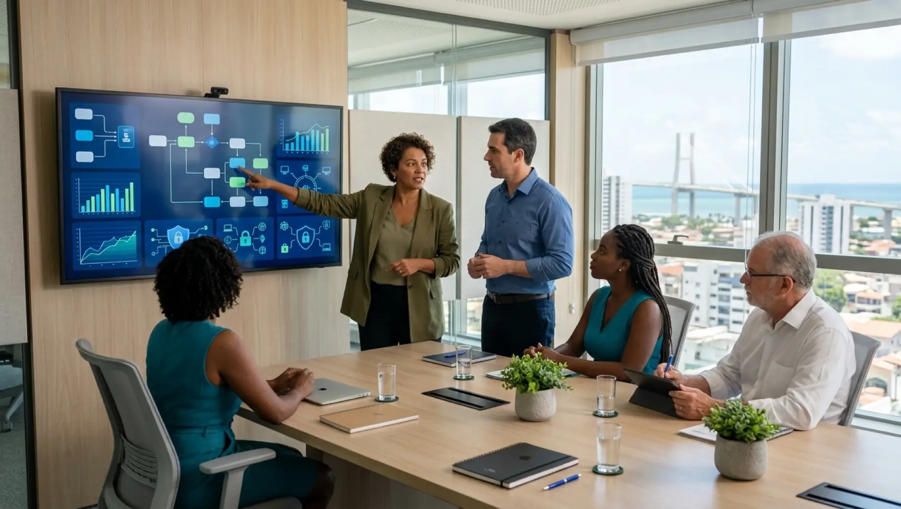 Reunião em sala de conferências com profissionais analisando um painel de dados digitais e conectividade, sugerindo tecnologia e IA na saúde no ambiente corporativo.