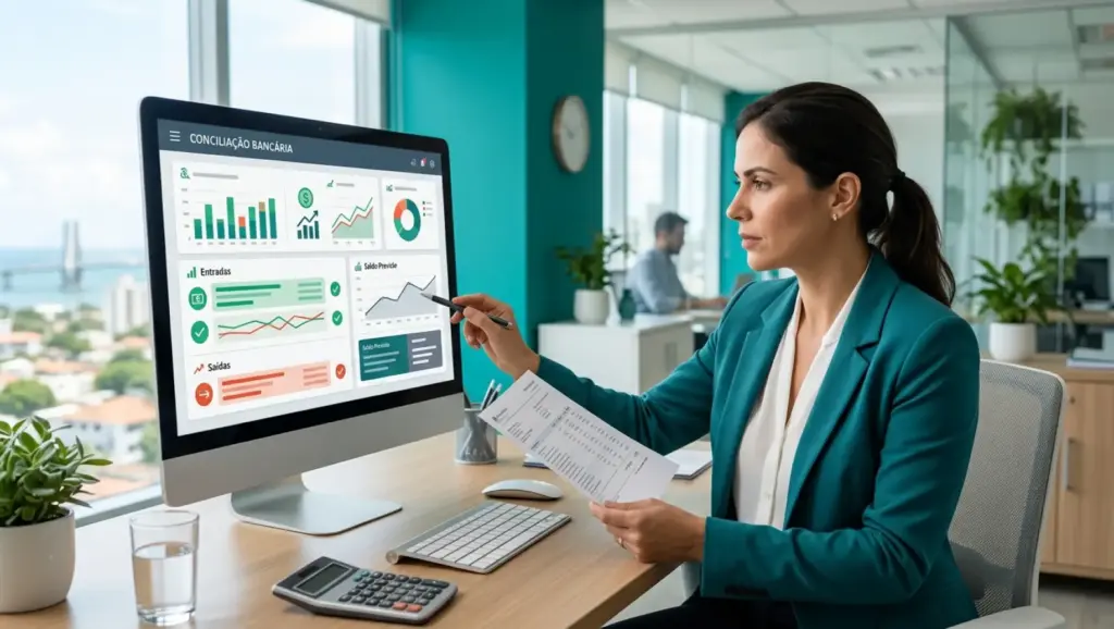 Mulher em escritório analisando relatórios e telas com gráficos de conciliação bancária e demonstrativos financeiros em sistemas de gestão financeira para clínicas, com calculadora e documentos na mesa.