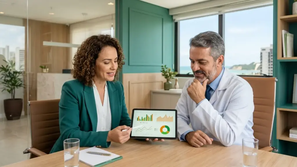 Sistemas de gestão financeira para clínicas em reunião: profissional de saúde e gestor analisam gráficos e relatórios em tablet no ambiente de escritório, com apresentação de indicadores financeiros