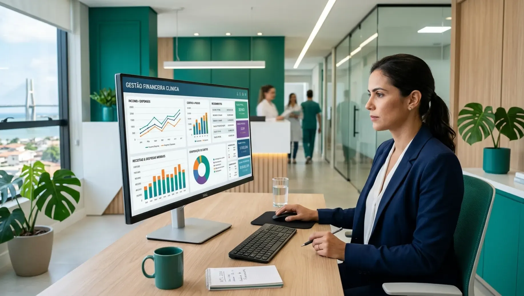 Sistemas de gestão financeira para clínicas em uma tela de computador, com uma profissional analisando gráficos e relatórios financeiros em um escritório moderno